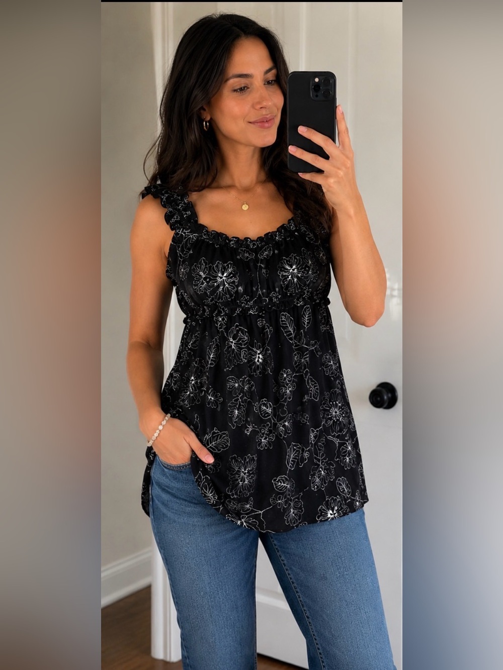 BCBGMAXAZRIA Black Floral Ruffle Sleeveless Blouse Top – Size Medium